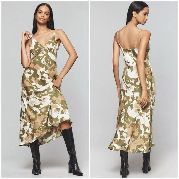 By Anthropologie Sleeveless V-Neck Camo Print Slip Midi Dress Size XL Cocktail - Picture 1 of 10